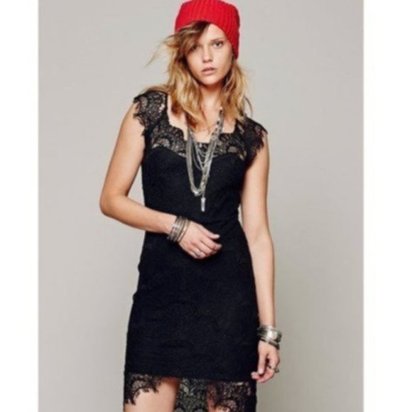 FREE PEOPLE PEAKABOO Lace Bodycon Slip Black Dress S - Picture 2 of 14